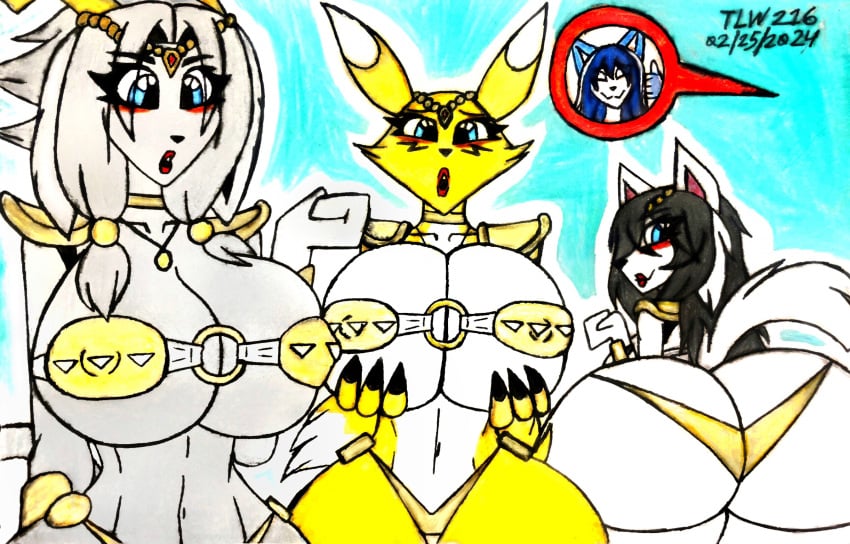 armor ass bandai_namco big_breasts big_butt bikini_armor blush bovid bra breasts canid canine caprine clothing digimon digimon_(species) felid female fox fur goat grey_body grey_fur group hair hi_res holding_breast huge_breasts jewelry krystal krystal_(star_fox) long_hair mammal nintendo panties pseudoregalia renamon star_fox super_contrasted sybil_(pseudoregalia) tem temmie_(undertale) theloanwanderer216 tlw216 trio unconvincing_armor undertale undertale_(series) underwear white_body white_fur wide_hips yellow_body yellow_fur