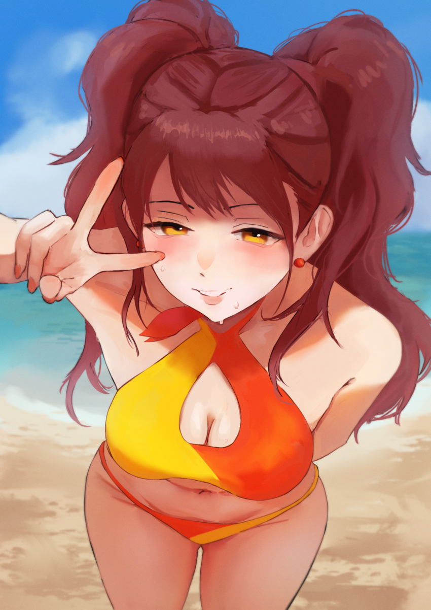 beach big_breasts bikini blush brown_hair kujikawa_rise n7grey peace_sign persona persona_4 twintails yellow_eyes