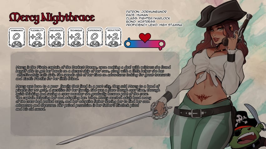 big_breasts character_sheet cherry-gig dungeons_and_dragons mercy_nightbrace_(cherry-gig) pirate pubic_tattoo text