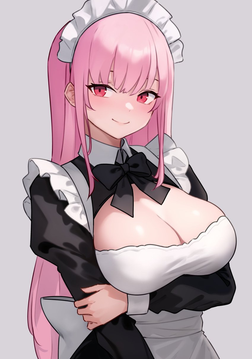 1girls bluefield breasts female hololive hololive_english hololive_myth large_breasts light-skinned_female light_skin long_hair maid maid_headdress maid_outfit mori_calliope pink_eyes pink_hair virtual_youtuber