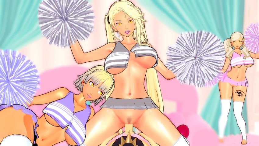 alternate_breast_size alternate_costume alternate_hair_color alternate_hairstyle ann_takamaki bimbo bimbofication blonde_hair cheerleader cowgirl_position dark-skinned_female gal gyaru gyaru_gal gyarufication gyarufied large_breasts lordem makeup makoto_niijima mind_control netorare pastel pastel_girl persona persona_5 pom_poms sae_niijima sex suguru_kamoshida vaginal_penetration yellow_eyes