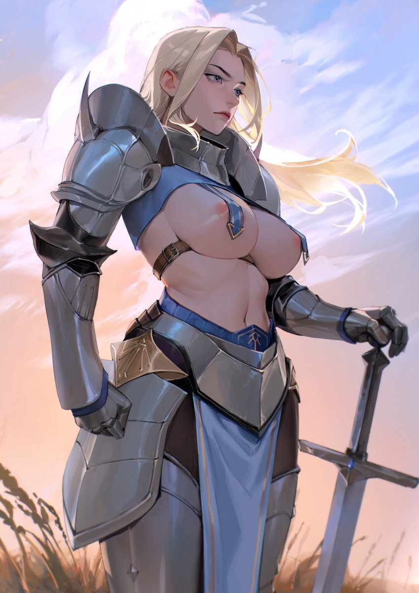 1girls areolae armor big_breasts blonde_hair breasts character_request copyright_request exposed_breasts female female_knight female_only knight light-skinned_female limart long_hair navel public public_exposure sword