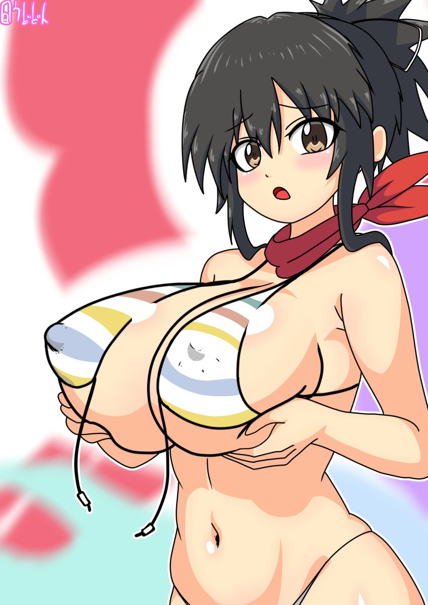 abstract_background artist_signature asuka_(senran_kagura) bikini blush brown_eyes brown_hair covered_nipples eyebrows_visible_through_hair hair_ribbon holding_breasts large_breasts looking_at_viewer marvelous navel open_mouth scarf senran_kagura senran_kagura_(series) senran_kagura_burst senran_kagura_estival_versus senran_kagura_new_link senran_kagura_shinovi_versus skindentation striped_bikini udodon wardrobe_malfunction