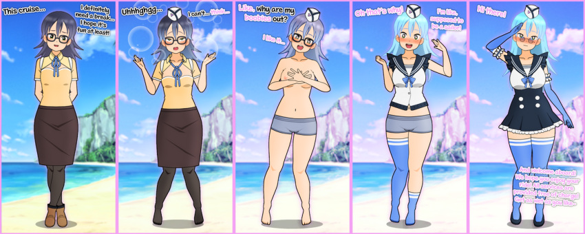 :d beach belly belly_button big_breasts bimbo bimbofication bimbofied blue_eyes blue_hair blush blush brain_drain brainwashed brainwashing breast_expansion breasts caption cleavage cleavage_cutout cleavage_window clothed clothed_female clothing female glasses heels horny horny_female hypnosis hypnosis identity_death kisekae mercuryvert mind_control miniskirt open_mouth personality_change sailor_uniform skirt small_breasts stockings text transformation transformation_sequence