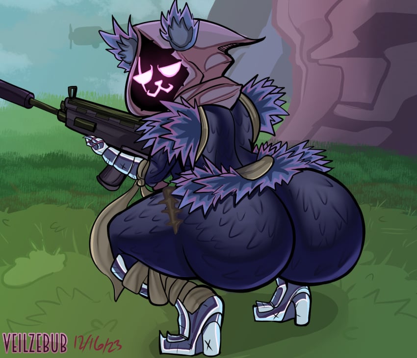 ass ass_focus assault_rifle bending_over big_breasts bottom_heavy eyes fortnite gun holding_weapon huge_ass open_eyes raven_team_leader smile smirk tagme thick_ass veilzebub