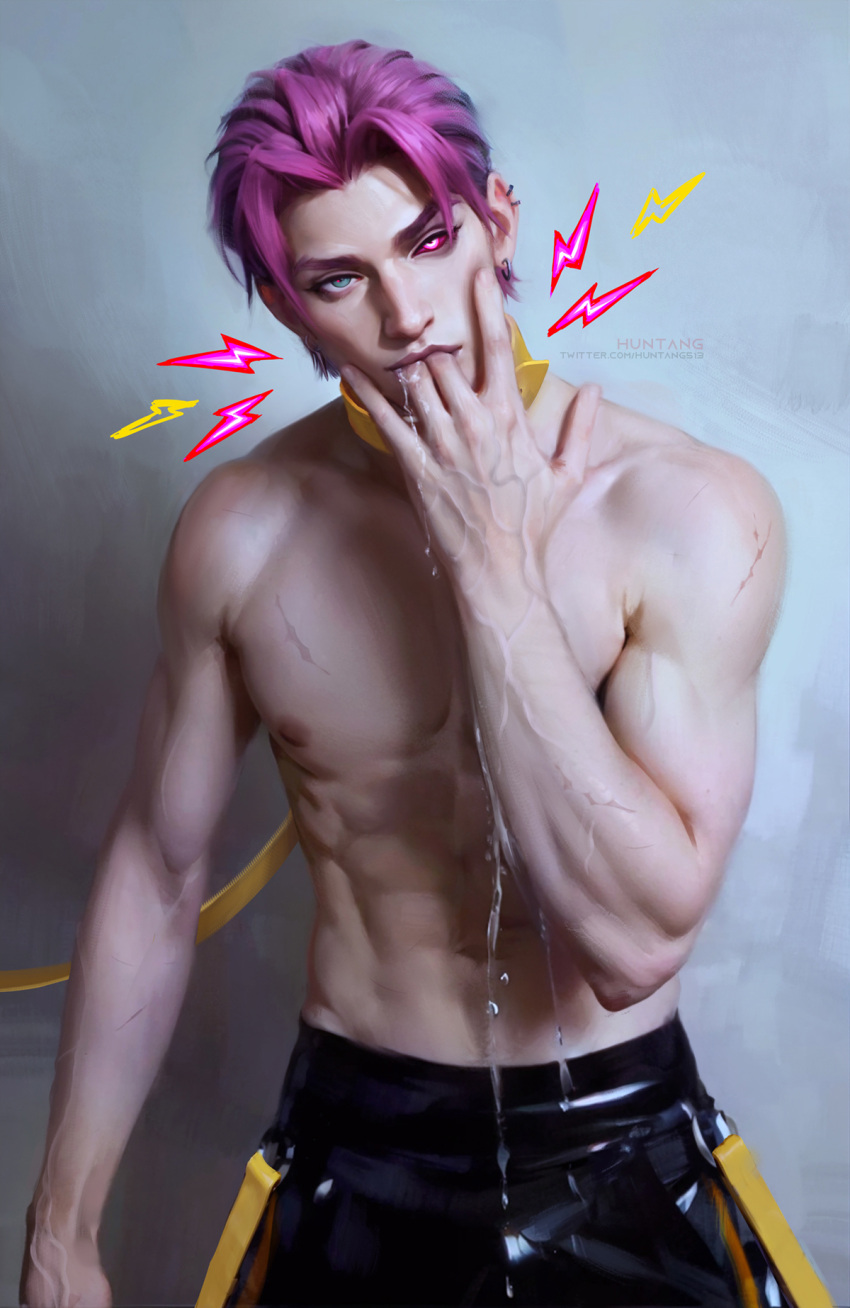 abs finger_in_mouth heartsteel_kayn heartsteel_series high_resolution highres huntang513 kayn league_of_legends looking_at_viewer male male_focus male_only muscular muscular_male pants pecs pectorals pink_hair realistic shirtless solo solo_focus solo_male sugestive_pose veiny_arms