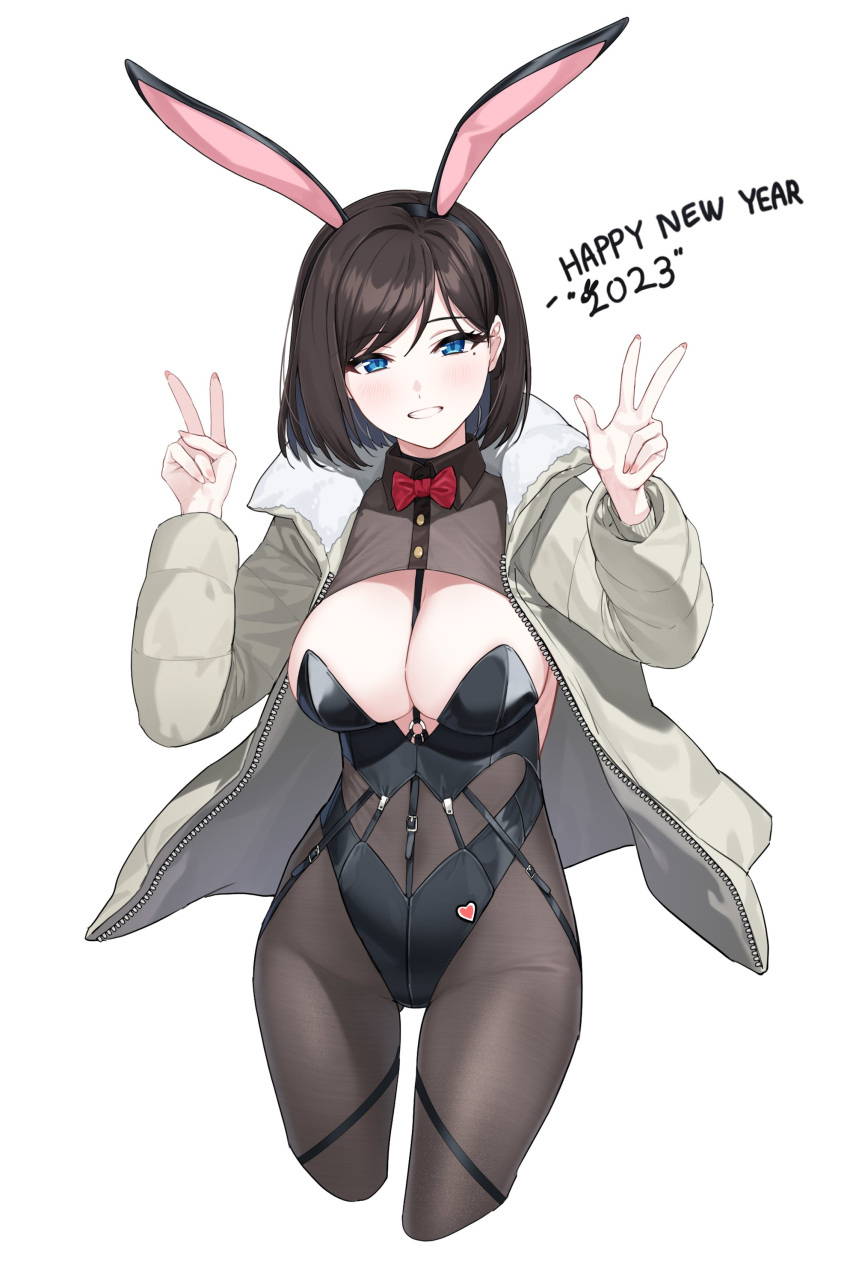 2023 absurdres animal_ears between_breasts black_leotard blue_eyes bow bowtie breasts brown_hair brown_pantyhose chinese_zodiac cleavage controlline3 counter:side cropped_legs double_v fake_animal_ears female fur_trim gluteal_fold grin hairband hands_up happy_new_year highleg highleg_leotard highres jacket kim_hana_(counter:side) large_breasts leotard long_sleeves looking_at_viewer mole mole_under_eye new_year nonude open_clothes open_jacket pantyhose playboy_bunny rabbit_ears short_hair smile solo strapless strapless_leotard v white_jacket wing_collar year_of_the_rabbit