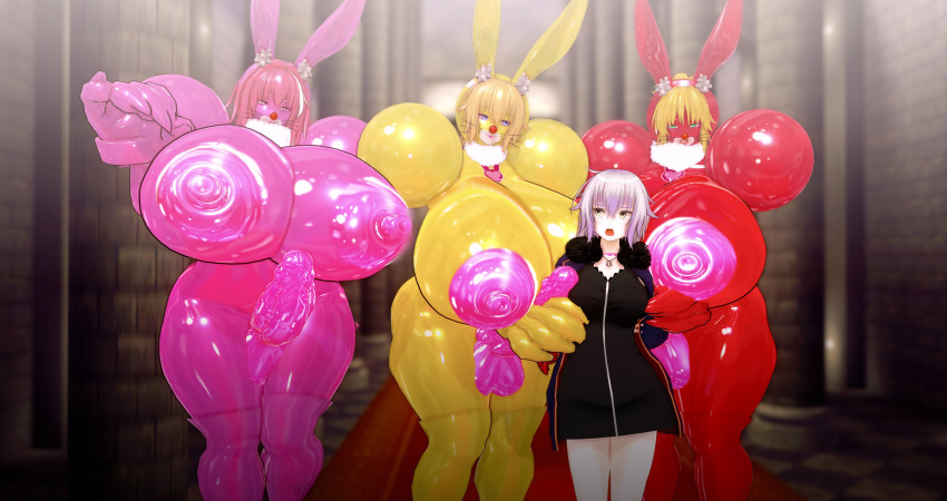 3d 3d_(artwork) astolfo_(fate) ballsack bunny_ears bunny_girl bunny_humanoid bunny_tail claws fate_(series) female futa_focus futanari huge_ass huge_breasts jeanne_alter jeanne_d'arc_(fate) mordred_(fate) next_yucoru_s nipples pre-transformation testicles thick_thighs transformation whiskers wide_hips