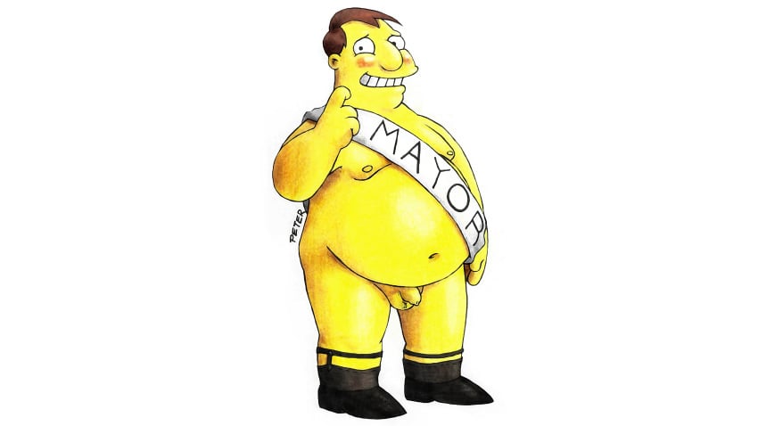 balls belly big_belly blush brown_hair fat fat_man hair male male_only mayor mayor_quimby overweight penis peterdamart small_penis solo teeth the_simpsons white_background yellow_balls yellow_penis yellow_skin