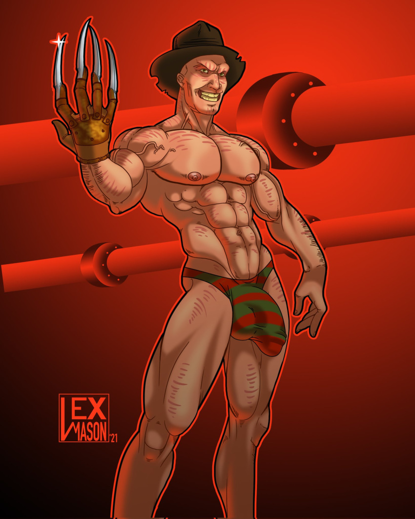 1boy 2021 a_nightmare_on_elm_street balls bara bara_tits barazoku big_bulge bulge freddy_krueger gay huge_bulge lex_mason looking_at_viewer male male_focus male_nipples male_only manly muscular_male nipples penis penis_outline solo solo_male thong underwear yaoi