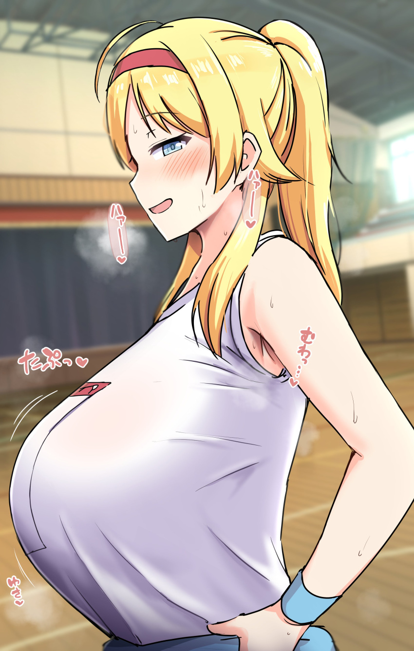 1girls big_breasts blonde_hair blue_eyes hachimiya_meguru idolmaster idolmaster_shiny_colors japanese_text looking_at_viewer solo solo_female sound_effects tomato_rice