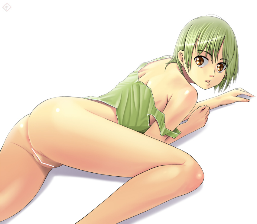 ass bottomless brown_eyes censored green_hair lying on_stomach original pussy raybar short_hair solo strap_slip yellow_eyes