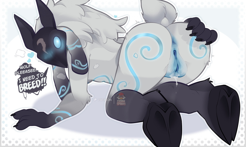 anthro anus ass big_butt blue_anus blue_eyes blue_markings blue_vulva blush blush_lines bodily_fluids bovid caprine dialogue empty_eyes female floppy_ears fur genital_fluids genitals gloves_(marking) goah_sparky grey_body grey_fur hi_res hooves kindred_(lol) lamb_(lol) league_of_legends leg_markings looking_back lop_ears mammal markings mask nude pattern_background rear_view riot_games sheep simple_background socks_(marking) solo tencent text thick_thighs vaginal_fluids vulva white_background white_body white_fur wide_hips