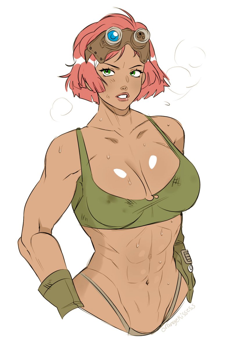 abs bare_shoulders breasts busty cleavage clothing edit female gloves green_eyes koutetsujou_no_kabaneri large_breasts muscles muscular muscular_female navel orangekissess panties red_hair solo sweat thong toned white_background yukina_(kabaneri)