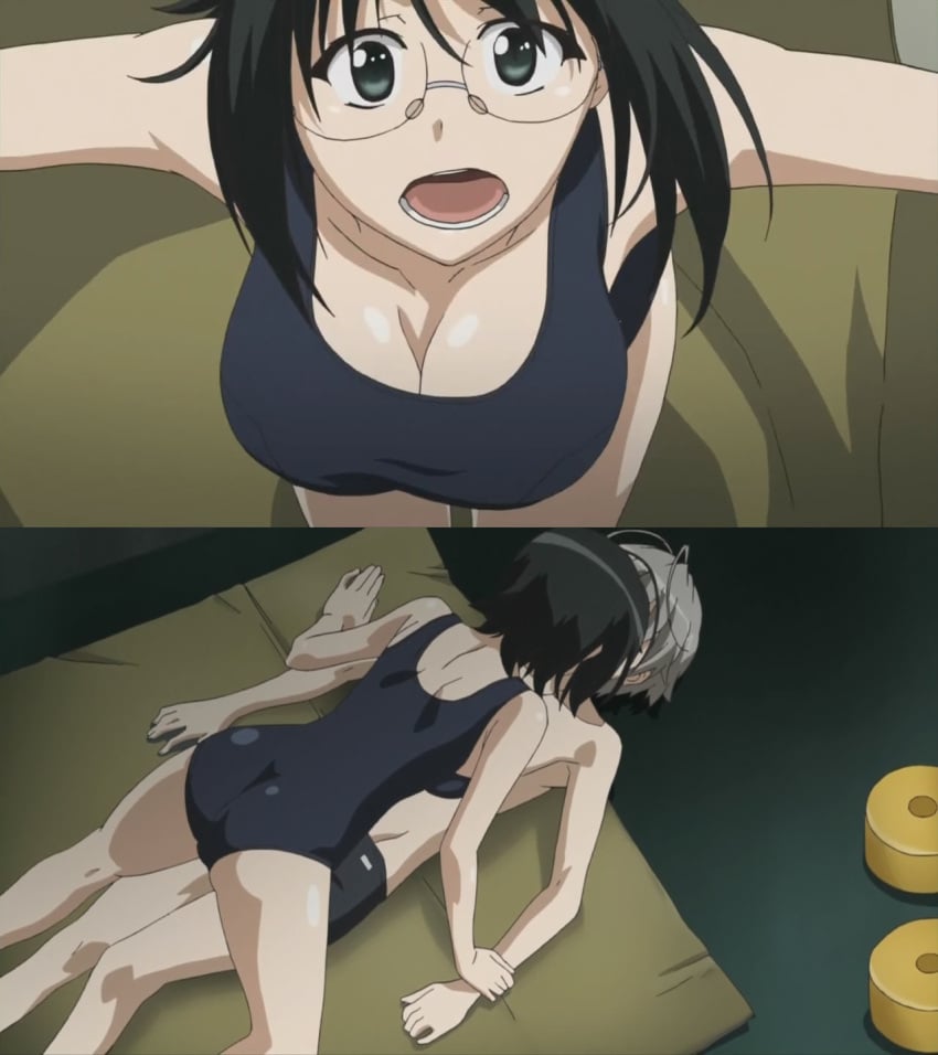 1boy 1girls accident accidental_circumstance accidental_kiss ai_generated antenna_hair aroused bare_shoulders being_watched blush bouncing_breasts breasts breasts_out breasts_out_of_clothes bursting_breasts busty canon_couple clothing clumsy couple cuddling dutch_angle embarrassed embrace exposed_breasts eyewear falling falling_over female glasses hair_ornament hairclip high_resolution indoors kasugano_haruka lying_on_back lying_on_person one-piece_swimsuit rimless_eyewear rimless_glasses schoolgirl screencap sexually_suggestive short_hair silver_hair straddling suggestive suggestive_pose swimsuit teenage_female teenager uncensored yorihime_nao yosuga_no_sora
