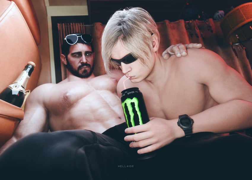 2025 2boys 3d chris_redfield drinking_straw hell4ide indoors joke leon_scott_kennedy leon_scott_kennedy_(eduard_badaluta) male male_only muscular muscular_male resident_evil resident_evil_2 resident_evil_2_remake resident_evil_4 resident_evil_4_remake resident_evil_8:_village sunglasses sunglasses_on_head topless topless_male