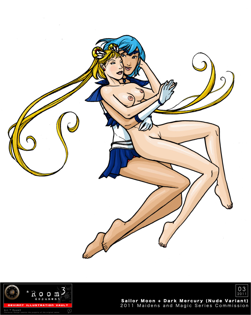 2girls ami_mizuno bishoujo_senshi_sailor_moon blonde_hair blue_hair clothing female female_only human multiple_females multiple_girls nude sailor_mercury sailor_moon skirt small_breasts trdl usagi_tsukino yuri