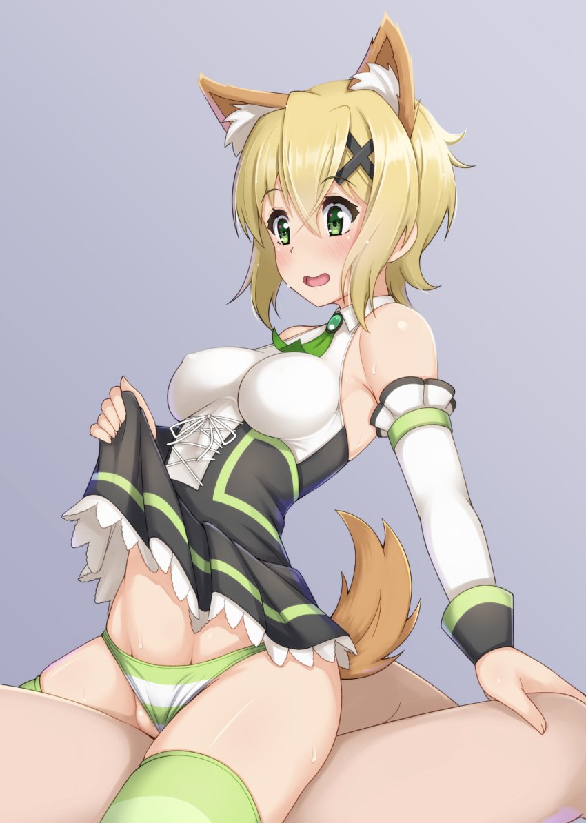 1boy age_difference akatsuki_kirika alfort_(may0508) animal_ears bare_shoulders blonde_hair blush breasts clothed_female_nude_male clothed_sex clothing_aside cowgirl_position detached_sleeves dog_ears dog_tail erect_nipples female female_on_top fit_female green_eyes hair_between_eyes hair_ornament height_difference highres lifted_by_self light-skinned_female maid mature_male medium_breasts nude older_male older_penetrating_younger open_mouth panties panties_aside senki_zesshou_symphogear sex shiny shiny_hair shiny_skin short_hair simple_background skirt skirt_lift solo_focus straddling straight striped striped_legwear striped_panties sweat tail teenage_girl teenager underwear vaginal_penetration x_hair_ornament younger_female