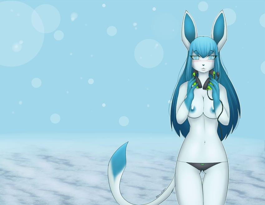 adiago anthro blue_hair breasts color day female female_only front_view fur furry glaceon hair headphones ice nipples outdoors pokemon solo standing tagme topless