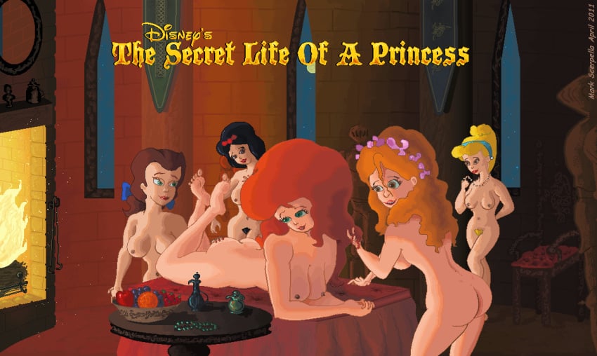 5girls ariel beauty_and_the_beast belle breasts cinderella_(1950_film) cinderella_(disney) crossover disney disney_princess enchanted_(film) female female_only giselle_(enchanted) mark_scerpella multiple_girls nipples nude pubic_hair snow_white_(disney) snow_white_and_the_seven_dwarfs the_little_mermaid yuri