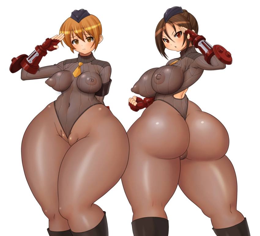 2girls ass blush breasts cameltoe erect_nipples huge_ass huge_breasts juli_(street_fighter) juni_(street_fighter) leotard multiple_girls nari-moku shadaloo_dolls street_fighter thong_leotard white_background