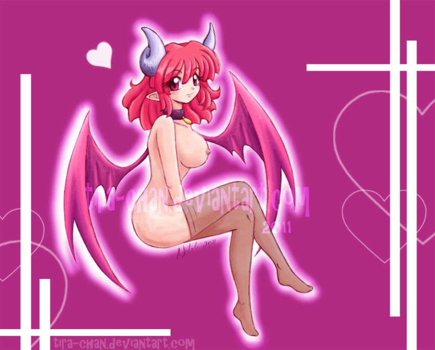 1girls big_breasts breasts choker demon_girl demon_horns demon_wings disgaea female heart la_pucelle_tactics nippon_ichi_software nude overlord_priere pointy_ears priere red_eyes red_hair short_hair stocking tira-chan