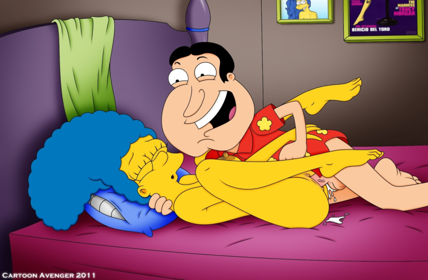 barefoot bed beige_skin blue_hair cartoon_avenger color crossover curly_hair family_guy feet female glenn_quagmire hair human indoors long_hair male marge_simpson milf necklace pearl_necklace sex skin straight the_simpsons toes vaginal_penetration yellow_skin