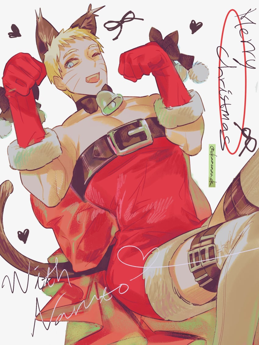 1boy androgynous bell bell_collar belt blonde_hair blue_eyes boruto:_naruto_next_generations cat_bell cat_ears cat_tail catboy christmas christmas_clothing christmas_outfit ckaaaaaack clothed clothing collar crossdressing dress fake_animal_ears fake_tail fangs femboy femboy_dilf feminine_male girly gloves hi_res highres holidays legwear looking_to_the_side male male_focus male_only naruto naruto_(series) one_eye_closed open_mouth pale-skinned_male pale_skin pecs petplay pinup roleplay santa_costume short_dress short_hair shounen_jump sissy solo solo_focus solo_male stockings teeth thighhighs uzumaki_naruto white_legwear wink yellow_hair