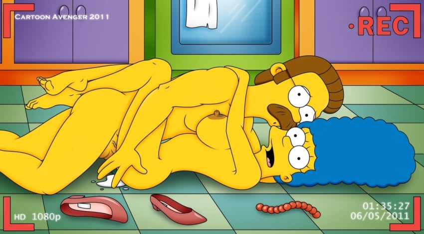 blue_hair breasts cartoon_avenger cheating cheating_wife color cum female hair human leg_lock male marge_simpson missionary ned_flanders nipples nude recording sex side_view straight the_simpsons yellow_skin