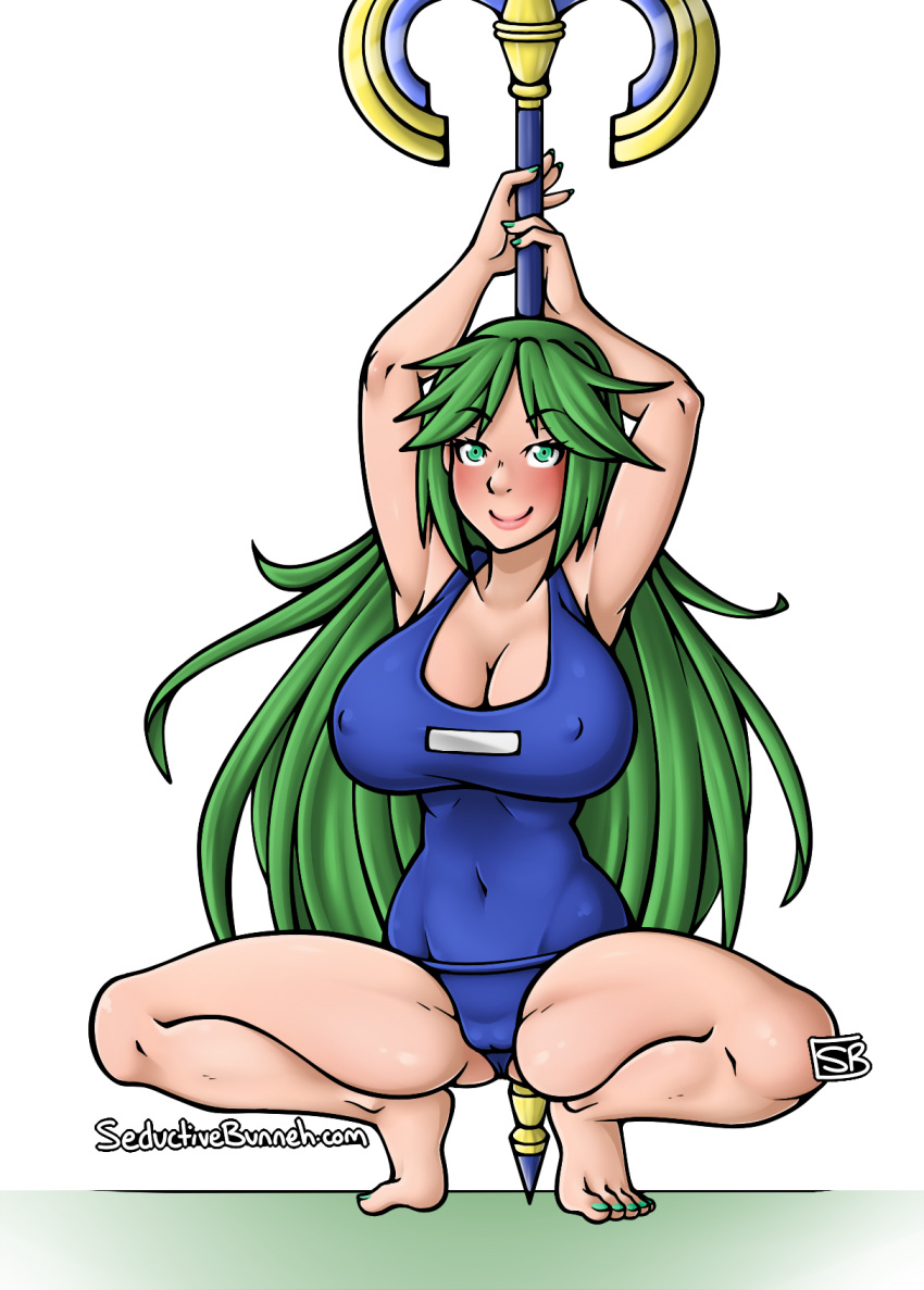 1girls alternate_version_available female_only green_eyes green_hair kid_icarus kid_icarus_uprising large_breasts nintendo nipple_bulge one-piece_swimsuit palutena pole_dancing pubic_hair school_swimsuit seductivebunneh smile solo_focus staff