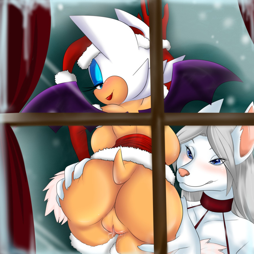 2014 anthro anus ass ass_grab bat big_ass big_breasts blue_eyes blush breasts canine christmas duo female furry grin hair hand_on_ass hat holidays mammal pinkthehedgehog2 presenting pussy pussy_juice raised_tail ravnic rouge_the_bat santa_hat sega sonic_(series) spreading teeth white_hair window wings yuri