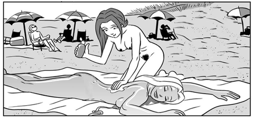 2girls aggie_d'amour beach beach_blanket beach_umbrella grayscale greyscale monochrome nude_beach nude_female nude_female_nude_female penny_and_aggie penny_levac suntan_lotion tagme webcomic