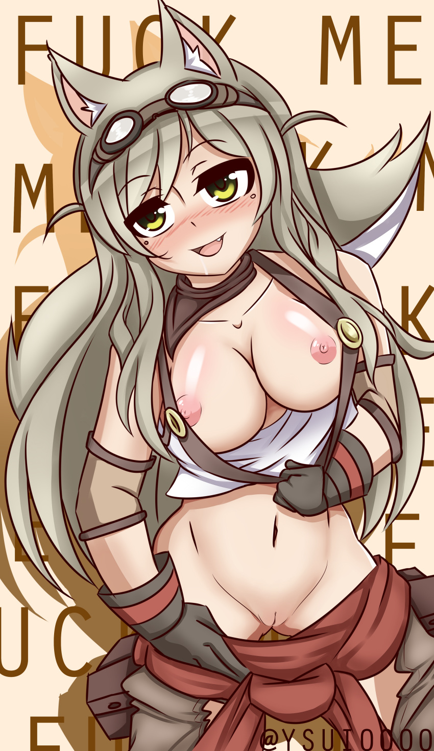 absurdres blush breasts dkun female fox_ears lily_the_fox_mechanic lost_pause navel no_panties presenting pussy yellow_eyes