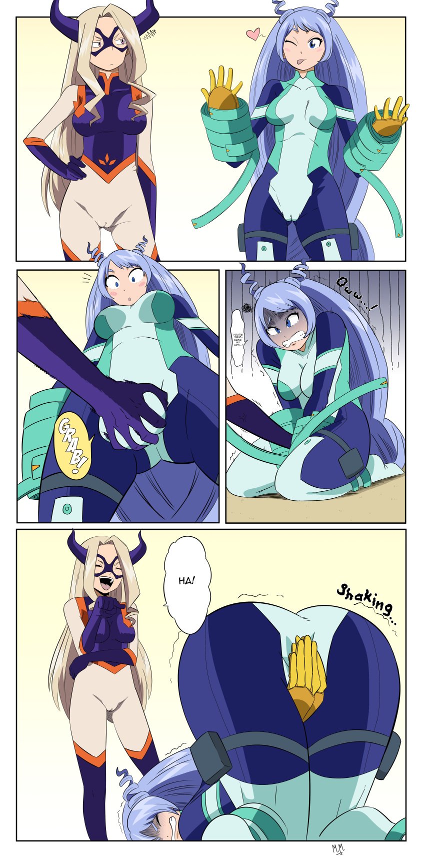 2girls bodysuit cameltoe comic crotch_grab cuntbusting female_human female_only femsub hadou_nejire hadou_nejire_(hero_outfit) hero_outfit_(mha) human monkeeman0918 mount_lady multiple_girls my_hero_academia nejire_hado nejire_hado_(hero_outfit) pussy_squeeze squeezing_pussy superhero_costume superheroine takeyama_yuu yuri yuu_takeyama