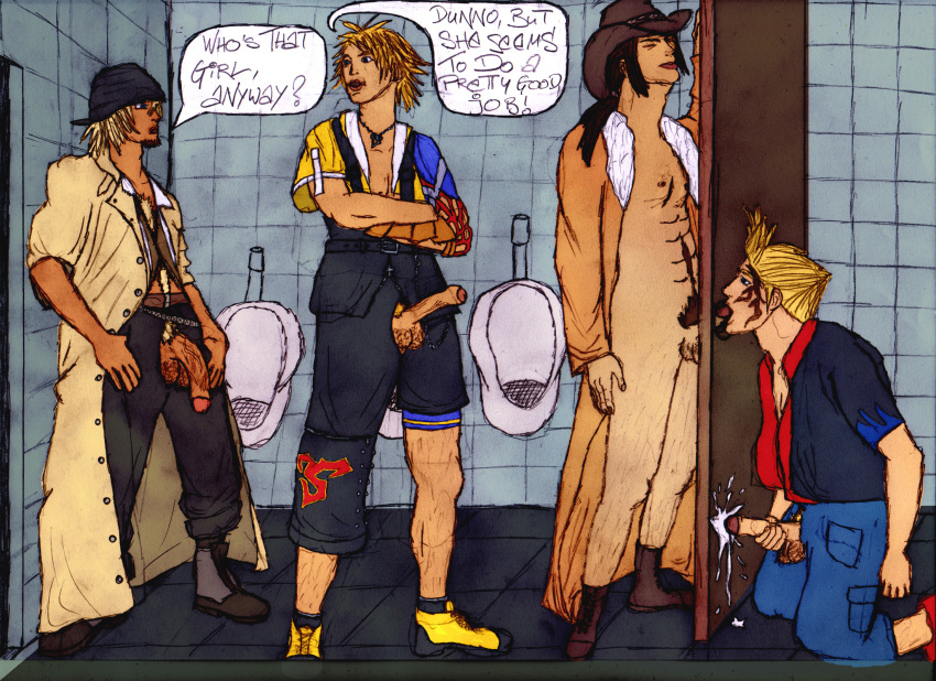 4boys artist_request bathroom bathroom_stall black_hair blonde_hair blue_eyes both_sides chest_hair closed_eyes coat_only cowboy_hat crossed_arms cum_on_wall cumshot erection facial_hair fellatio final_fantasy final_fantasy_viii final_fantasy_x final_fantasy_xiii flaccid glory_hole goatee hairy_balls holding_penis human irvine_kinneas laced_boots lineup long_coat male male_only multiple_males multiple_penises necklace open_clothes oral_sex pants_open partially_retracted_foreskin pendant penis_out penis_size_difference shorts showing_both_sides snow_villiers socks_and_shoes tidus tile_floor tile_wall urinal veiny_penis yaoi zell_dincht