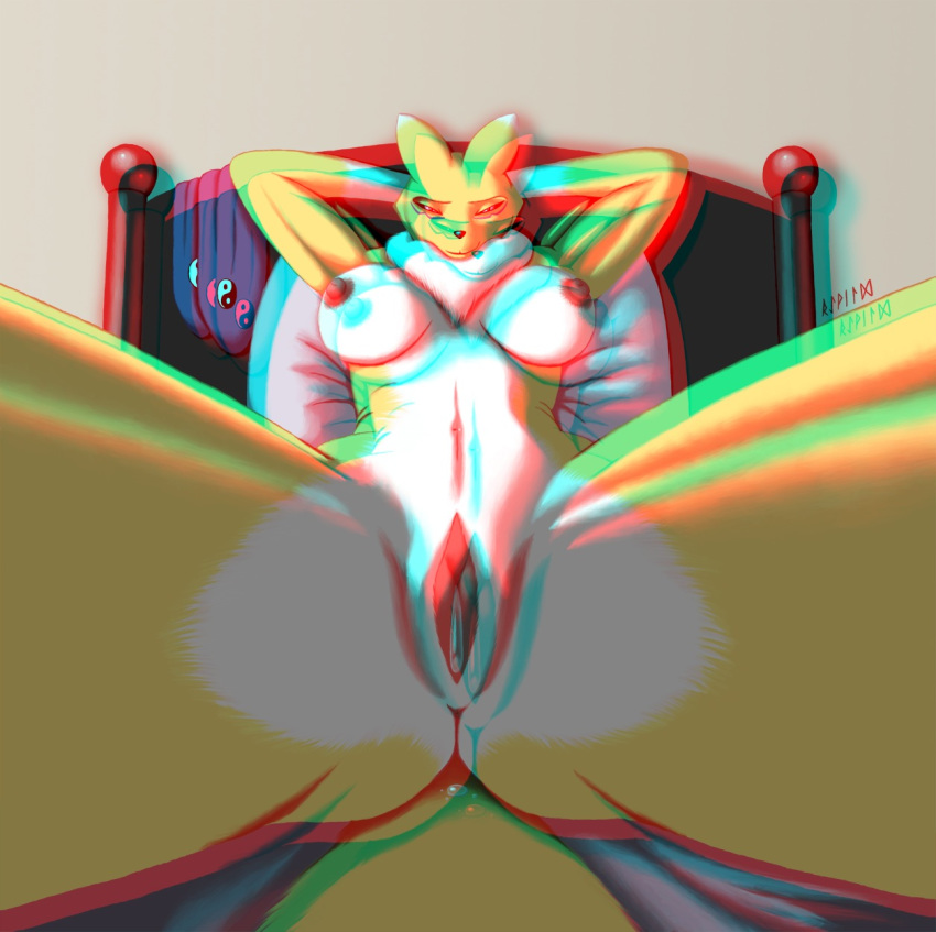 anaglyph anthro bed color digimon female female_only front_view fur furry indoors nude renamon solo tagme vulva