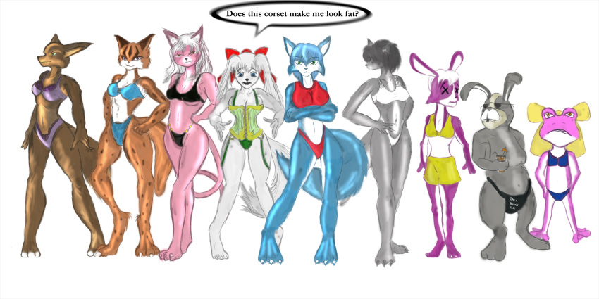 3_toes amanda_toad anthro barefoot blue_fur blue_hair bra breasts brown_fur cat claws cleavage color corset crossed_arms dialog dog english_text fara_phoenix fay_spaniel female fox fur furry furry_ears furry_tail grey_fur hands_on_hips interspecies katt_monroe krystal lucy_hare lynx male miyu_lynx multiple_girls panties peppy_hare pink_fur pink_skin pointy_ears purple_fur rabbit short_hair shorts speech_bubble standing star_fox tail text toad topless white_background white_fur white_hair