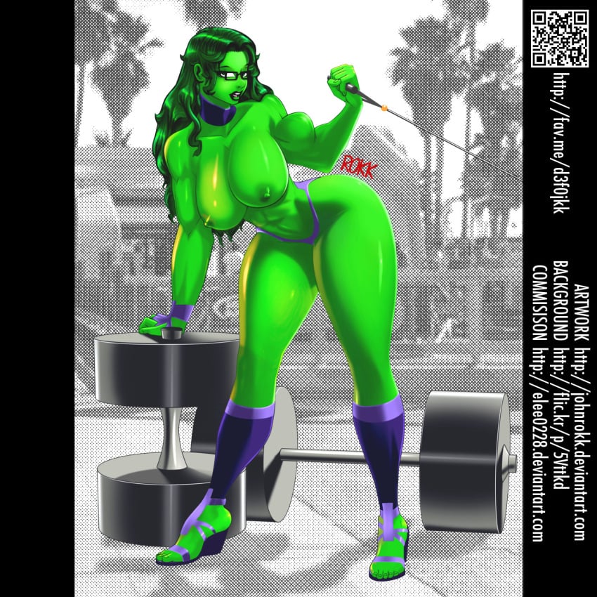 1girls 5_fingers 5_toes abs abstract_background areola areolae artist_name artist_signature avengers biceps big_breasts breasts curvaceous curvy curvy_body curvy_female curvy_figure english_text exercise eyewear female female_only fit fit_female footwear glasses green_eyes green_hair green_lips green_skin hulk_(series) johnrokk large_breasts leaning_forward long_hair looking_at_viewer marvel marvel_comics mouth_open muscle muscles muscular muscular_female nipples open_mouth panties pumps round_ears she-hulk shiny shiny_skin shoes signature solo solo_focus standing superheroine teeth text thick_thighs thin_waist thong toned toned_female tongue topless uncensored voluptuous weights wide_hips workout