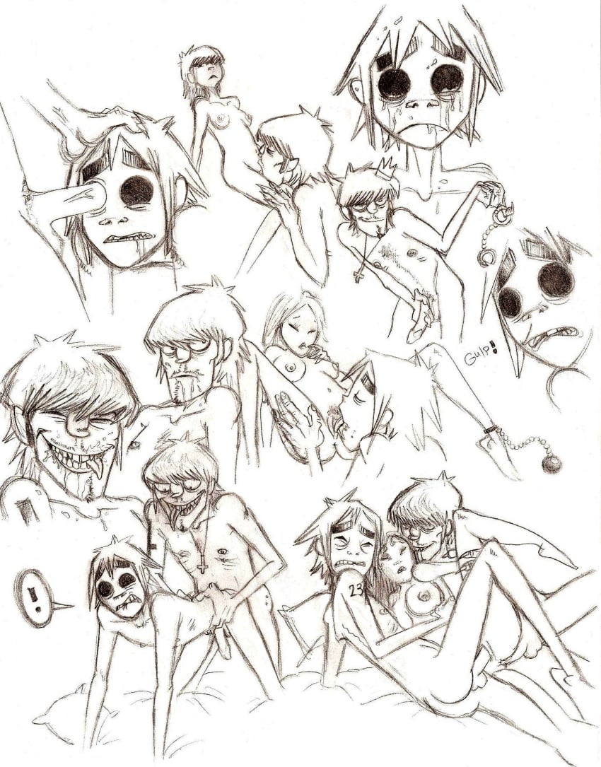 2d_(gorillaz) anal ass bisexual body_horror breasts cum cunnilingus eye_socket_penetration fantasydemon female gay gorillaz male monochrome multiple_boys murdoc_niccals nipples noodle_(gorillaz) nude penis pubic_hair skull_fucking straight threesome upside_down_cross vaginal_penetration yaoi