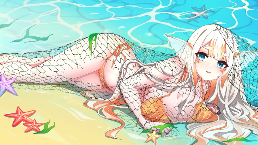 1girls beach broken_fishing_net female female_only fins fish_girl fish_scales fishing_net imai_kayori indie_virtual_youtuber light-skinned_female light_skin monster_girl robinwilliam579 scales seeweed solo starfish swimsuit virtual_youtuber water