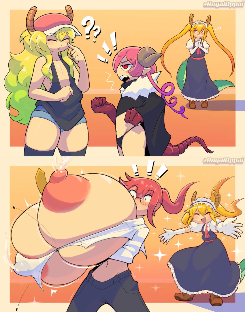 alternate_breast_size asset_endowment attribute_theft big_breasts blush breast_expansion breast_reduction breasts_bigger_than_head enormous_breasts female gigantic_breasts huge_breasts hyper hyper_breasts ilulu_(dragon_maid) kobayashi lactation long_hair lucoa massive_breasts milk miss_kobayashi's_dragon_maid multiple_girls orange_eyes quetzalcoatl_(dragon_maid) royaloppai size_theft size_transfer small_breasts tohru_(dragon_maid)