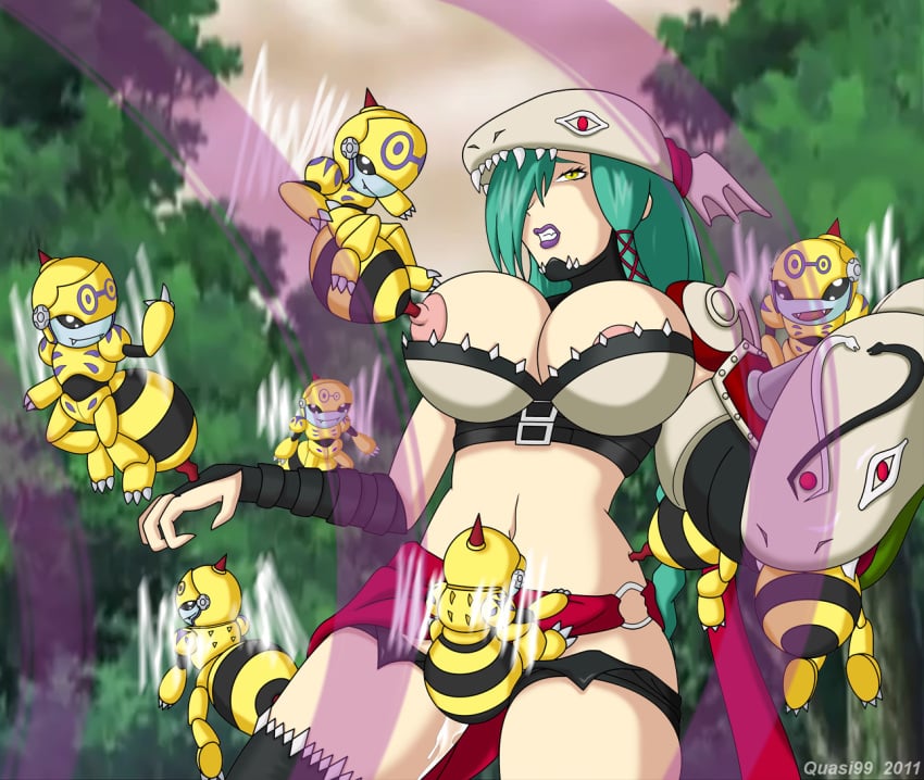 2011 amazon amazonian bee braid braided_hair crest_of_knowledgedigimon crests_(digimon) digimon digimon_(species) digimon_xros_wars green_hair honeybeemon long_hair mervamon nipple_penetration outdoors quasi99 stinger tagme very_long_hair zoophilia