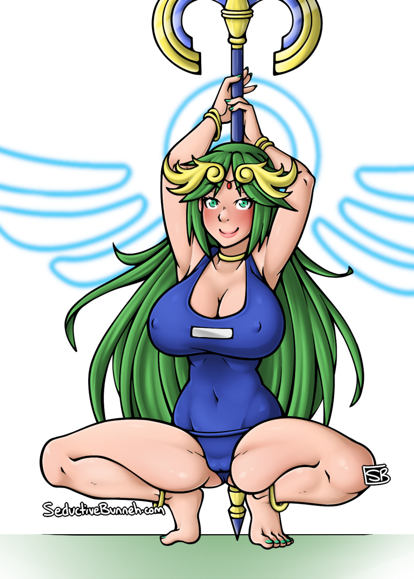 1girls alternate_version_available edit female_only green_eyes green_hair kid_icarus kid_icarus_uprising large_breasts nintendo nipple_bulge one-piece_swimsuit palutena pole_dancing pubic_hair school_swimsuit seductivebunneh smile solo_focus staff third-party_edit