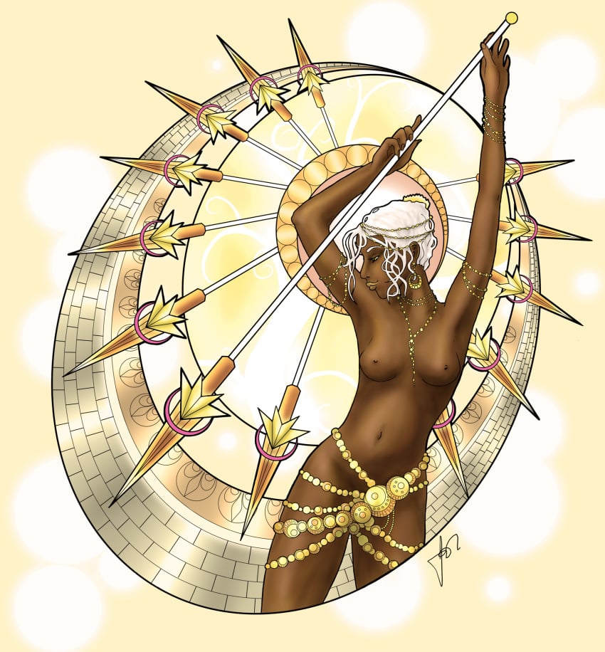 art_deco art_nouveau breasts brown_skin dark_skin female female_only front_view guild_wars holding_spear lips nude paragon polearm solo spear tagme thedeathspell weapon white_hair