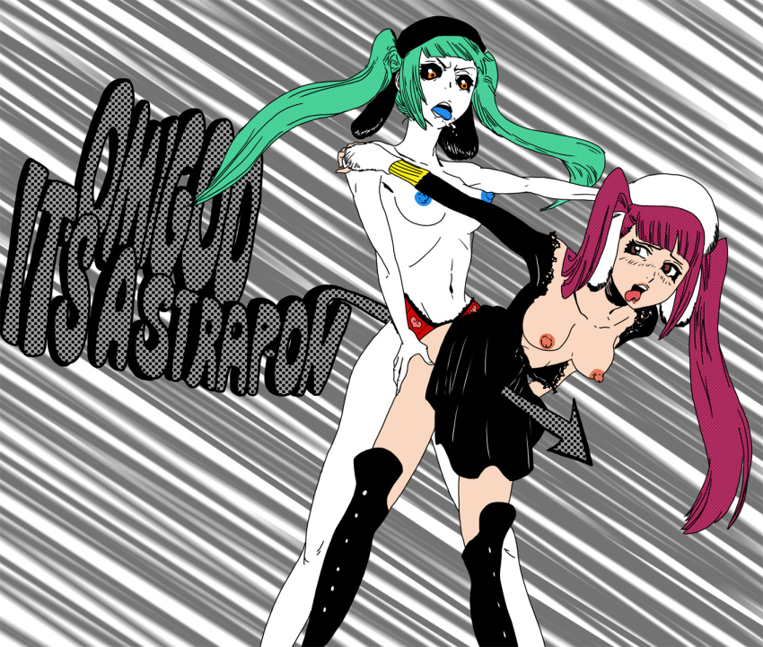 2girls bleach dokugamine_riruka female female_only fullbringer monster_girl multiple_girls red_hair selfcest strap-on tagme tongue_out yuri