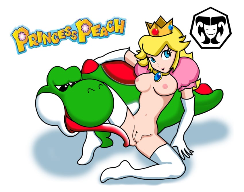 bb breasts female human interspecies large_breasts mario_(series) nintendo princess_peach pussy smile straight_hair super_mario_bros. super_princess_peach thighhighs uncensored white_background yoshi zettai_ryouiki zoophilia