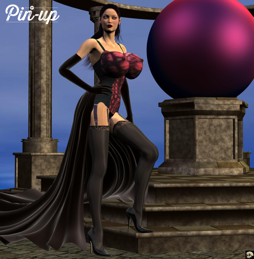 1girls 3d bare_shoulders big_breasts black_eyes black_footwear black_gloves black_hair black_legwear black_skirt black_stockings busty cleavage corset curvy detailed_background elbow_gloves english_text erect_nipple erect_nipples female female_only footwear front_view garter garter_straps gloves hand_on_hip hands_on_hip hands_on_hips high_heels hourglass_figure human lady_darla legwear lingerie long_hair looking_at_viewer nipple_bulge outdoor outside pose posing shiny shiny_skin skirt solo standing stockings text voluptuous white_background xskullheadx