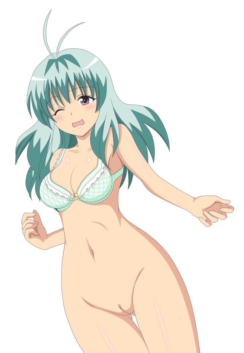 blush bra breasts female green_hair high_resolution lingerie long_hair one_eye_closed photoshop pussy run_elsie_jewelria solo to_love-ru uncensored underwear