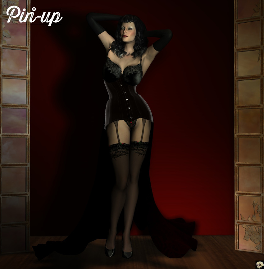 1girls 3d bettie_page big_breasts black_eyes black_gloves black_hair black_skirt busty cleavage corset curvy detailed_background elbow_gloves english_text erect_nipple erect_nipples female female_only footwear front_view garter garter_straps gloves high_heels hourglass_figure human indoors inside legwear lingerie lipstick long_hair makeup nipple_bulge pose posing red_lipstick room see-through shadow shiny shiny_skin skirt solo standing stockings text thong voluptuous white_background xskullheadx