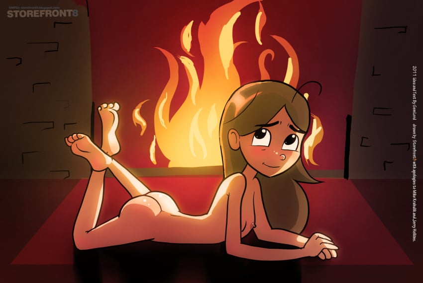 annarchy barefoot brown_eyes brown_hair feet female female_only fire fireplace penny_arcade rug smiling soles solo storefront8 tagme toes webcomic